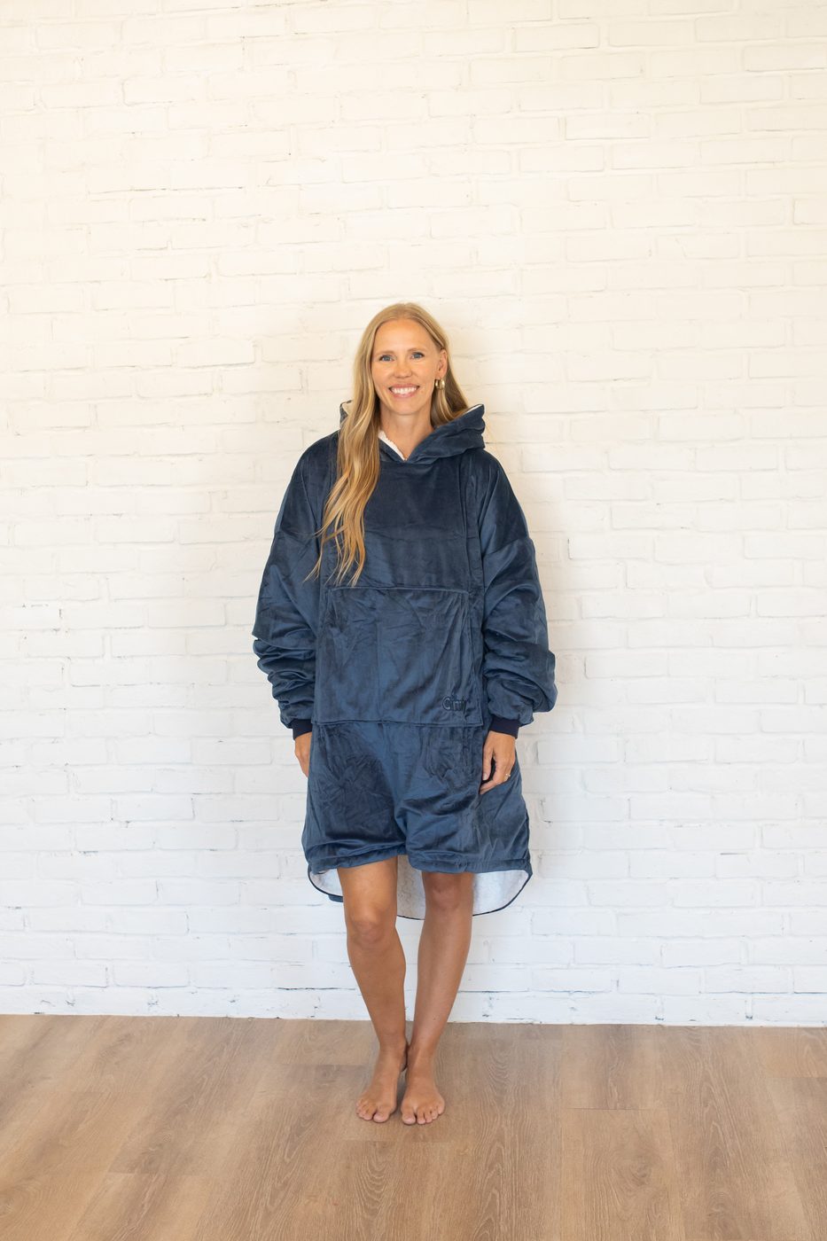 The Comfy blanket hoodie worn, navy