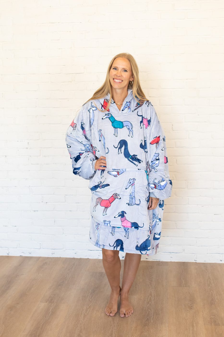 The Oodie blanket hoodie worn, dog print